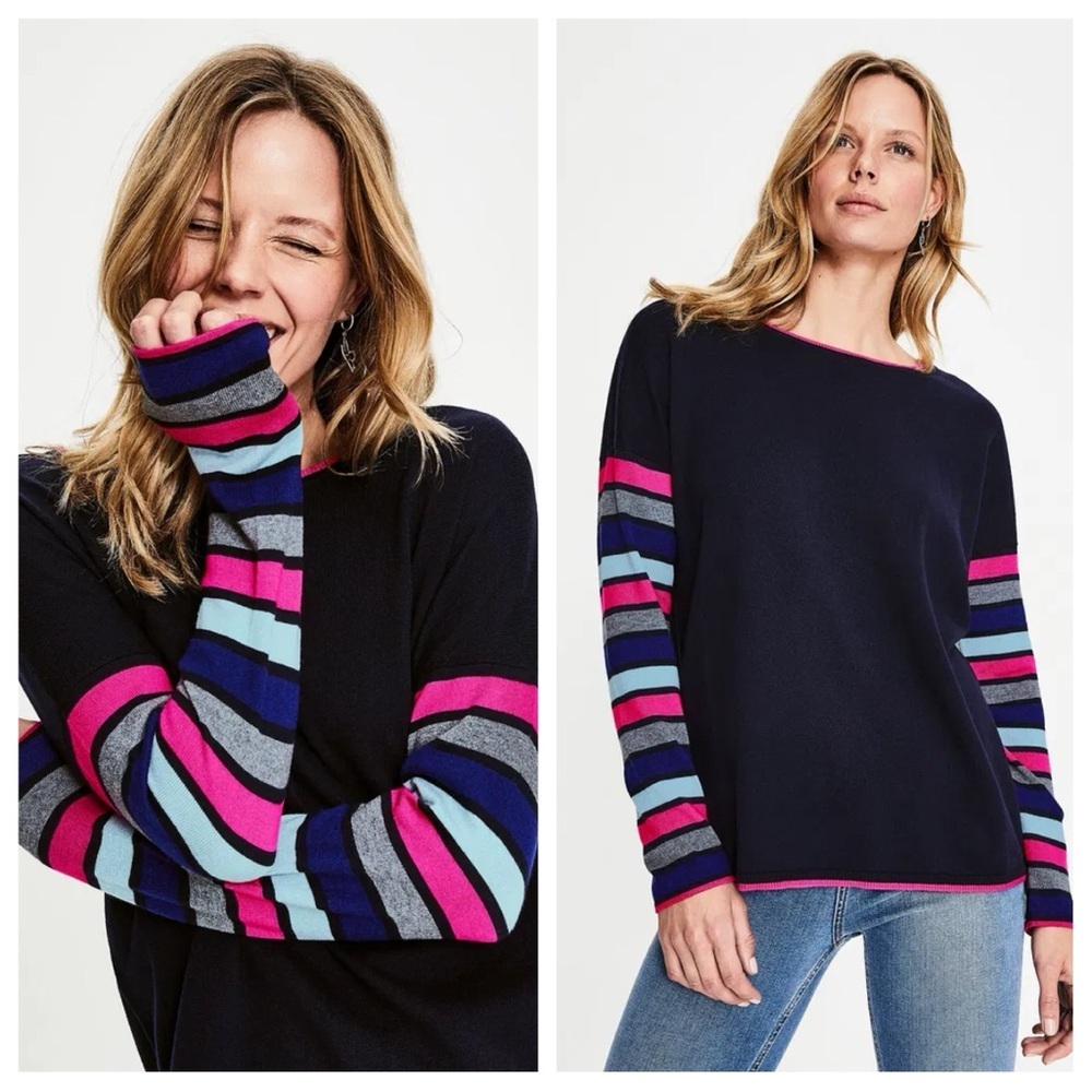 Boden Women's Navy Sweater with Colorful Striped Sleeves